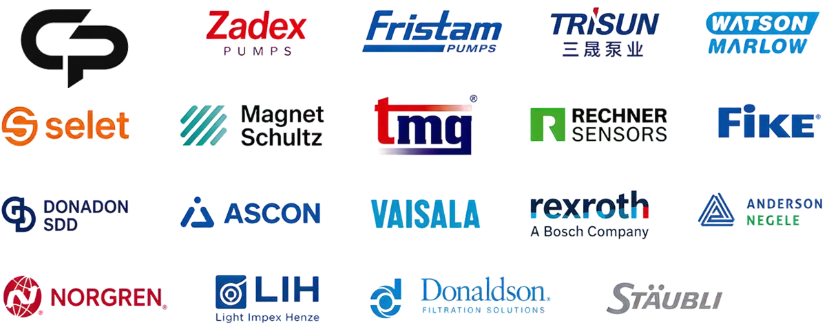Логотипи брендів-партнерів: China pumps, Zadex, Fristam, Trisun, Watson Marlow, Selet, Magnet Schultz, TMG, Rechner, Fike, Donadon, Ascon, Vaisala, Rexroth, Anderson Negele, Norgren, LIH, Donaldson, Stäubli